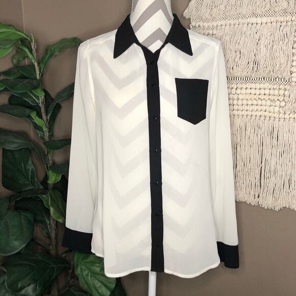 GUESS Cream Black Color-Block Sheer Blouse - Picture 1 of 7